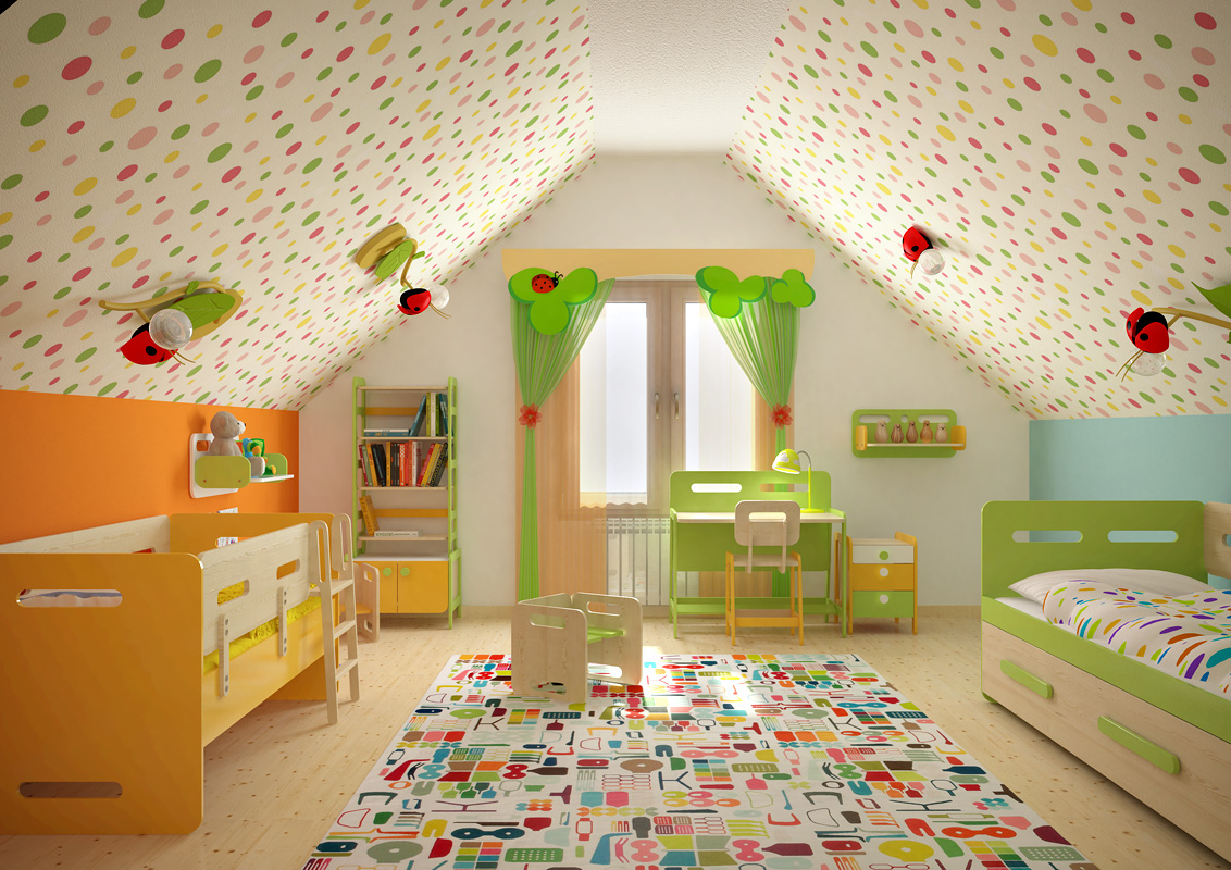 Дизайн-проект комнаты двух детей в мансарде загородного дома